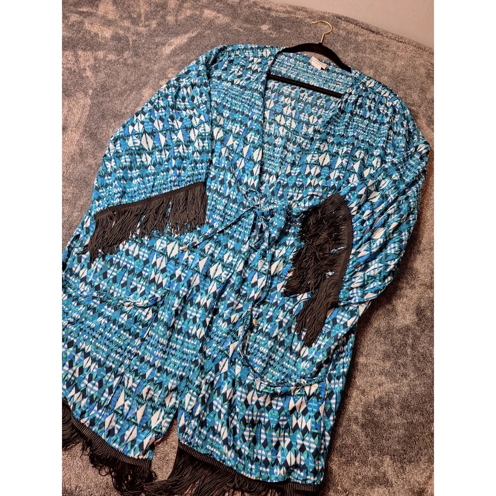 Tie Front Fringe Kimono Womens 2X Blue Green Abstract Boho‎ Festival Gypsy